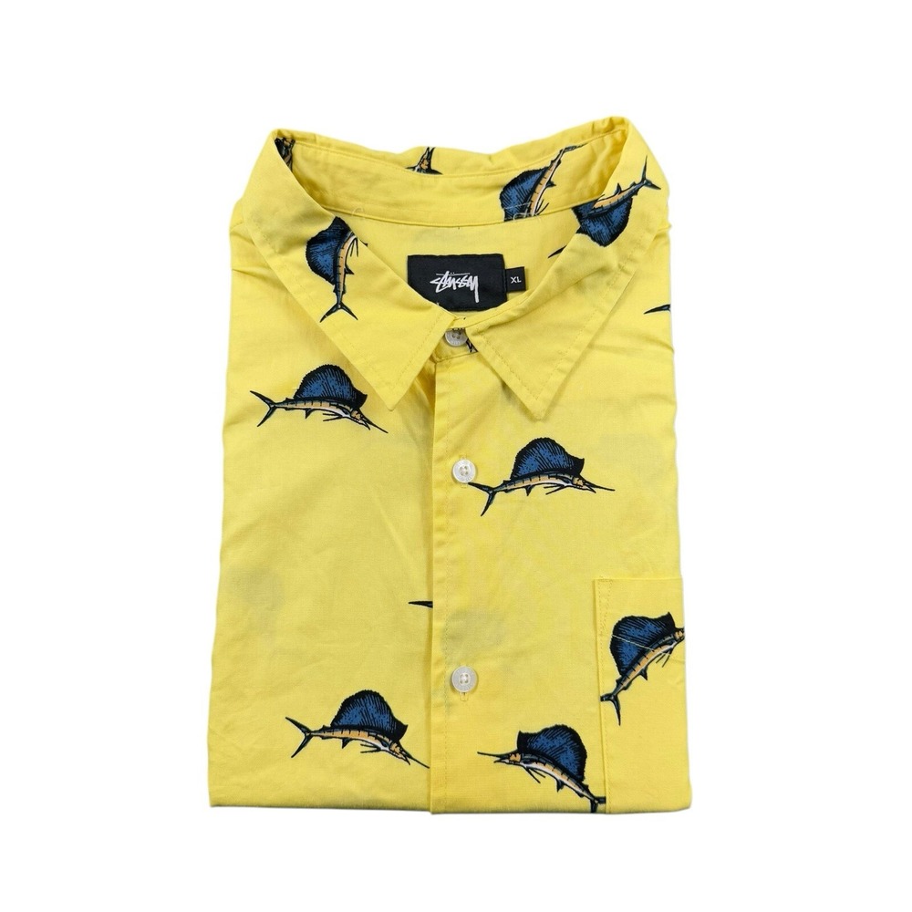 Stussy Mens Yellow Cotton Marlin Fish AOP Short Sleeve Button Up Shirt XL